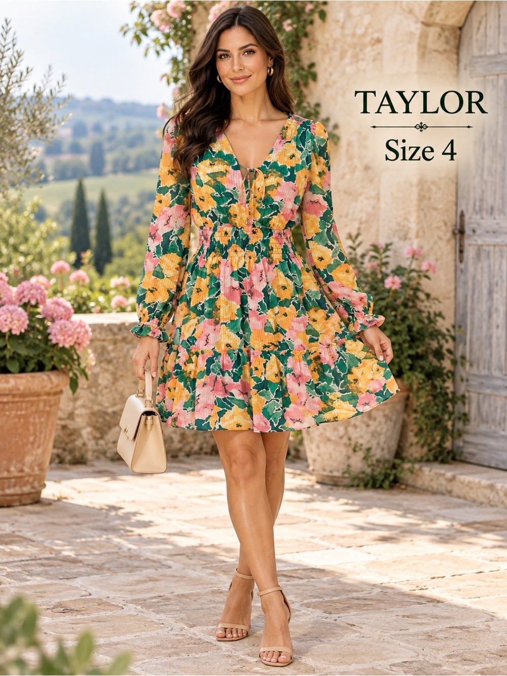 Taylor Size 4 Floral Smocked Waist Tiered Long Sleeve Dress NWT